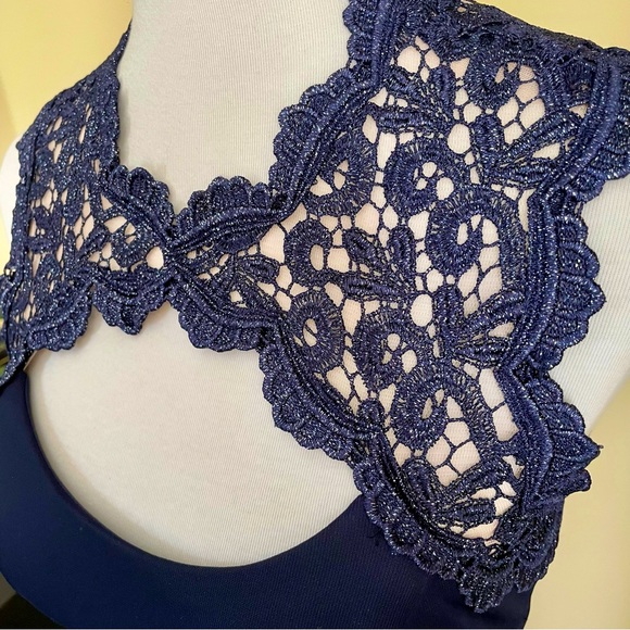 Navy Blue Lace-top Xscape Gown - Picture 5 of 8
